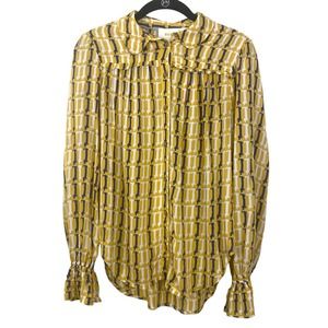 Maeve By Anthropologie Dog Print Yellow Satin Bell Sleeve Button Up long Sleeve